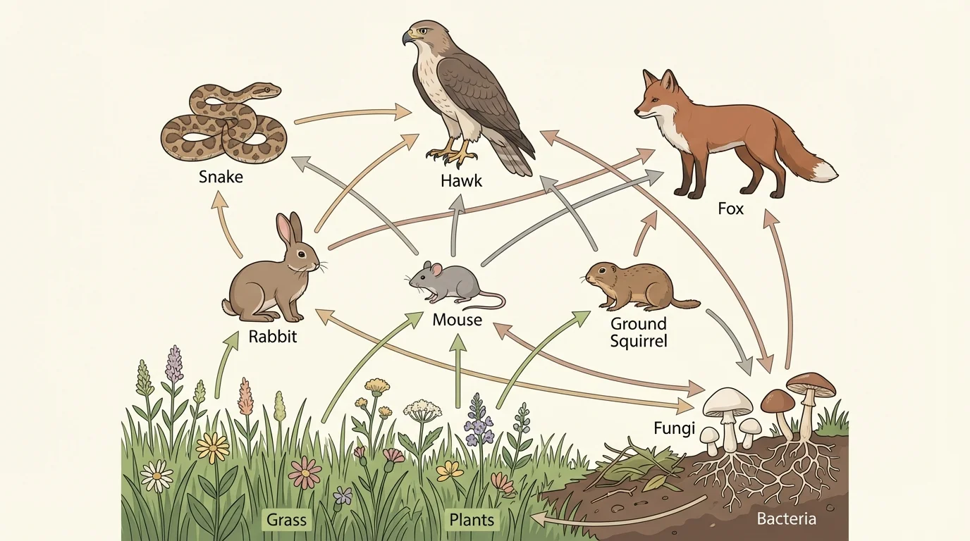 Grassland food web with grass, rabbit, mouse, snake, hawk, fox, fungi, and arrows showing who eats whom