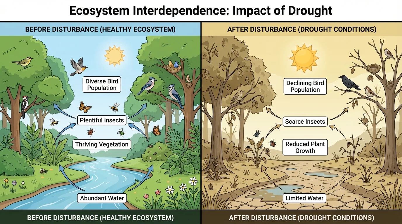 Forest before-and-after disturbance scene showing drought reducing plant growth, fewer insects, and fewer birds