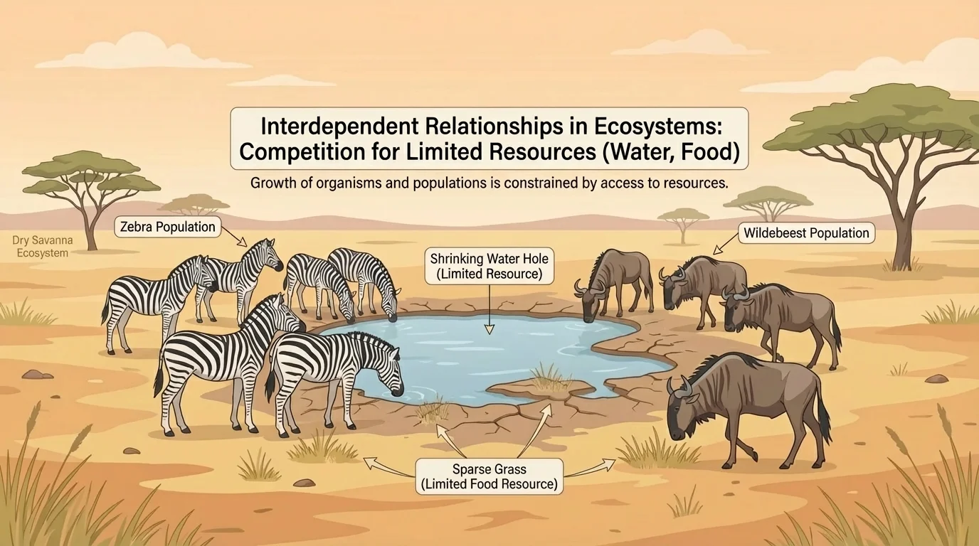 Dry savanna with zebras and wildebeest gathered around a shrinking water hole and sparse grass, showing competition for limited water and food