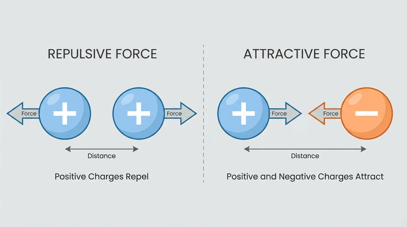 two pairs of charged spheres, one positive-positive repelling and one positive-negative attracting, with arrows showing force directions