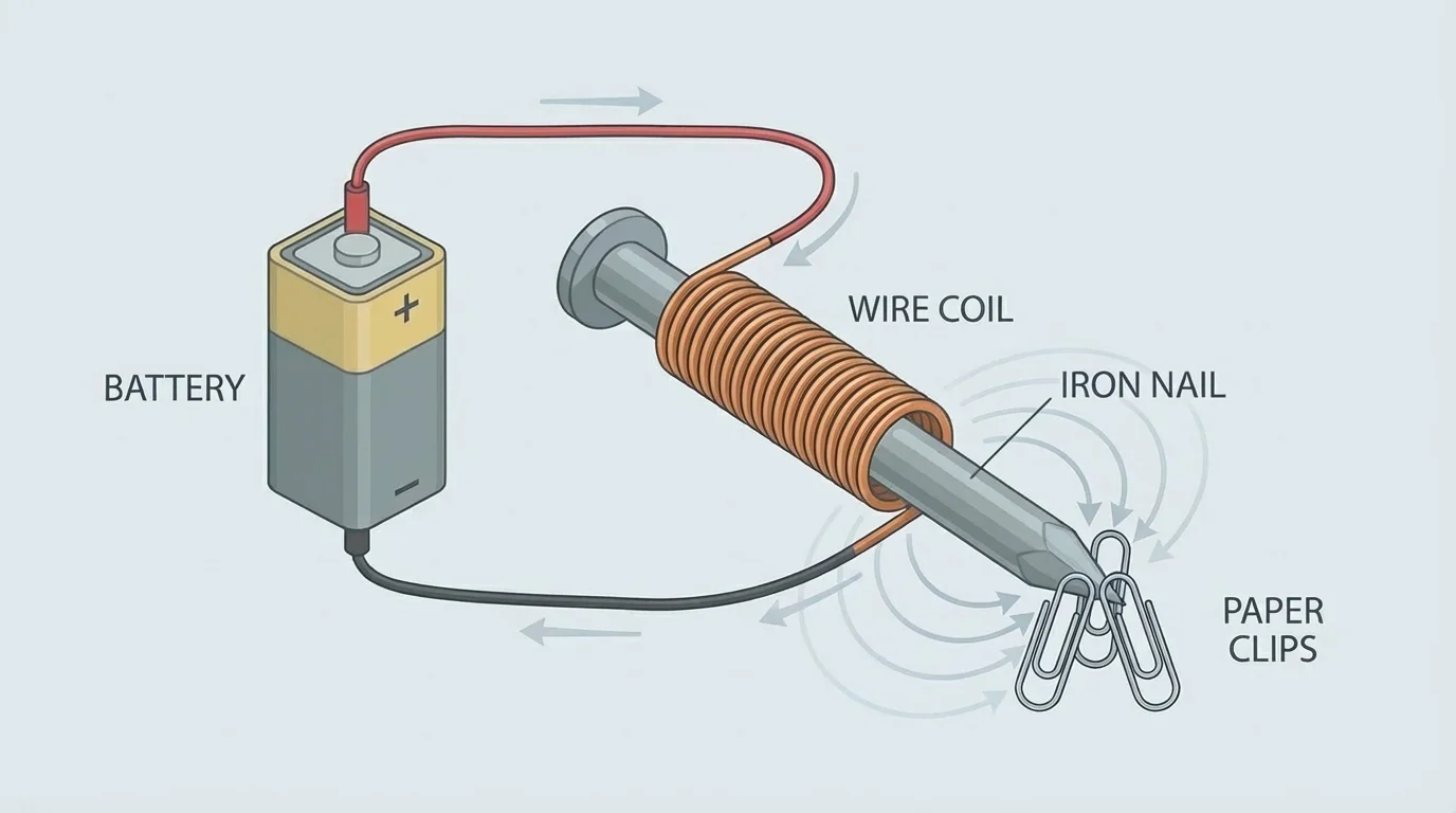 battery connected to a wire coil wrapped around an iron nail lifting paper clips, with labels for battery, coil, nail, and paper clips