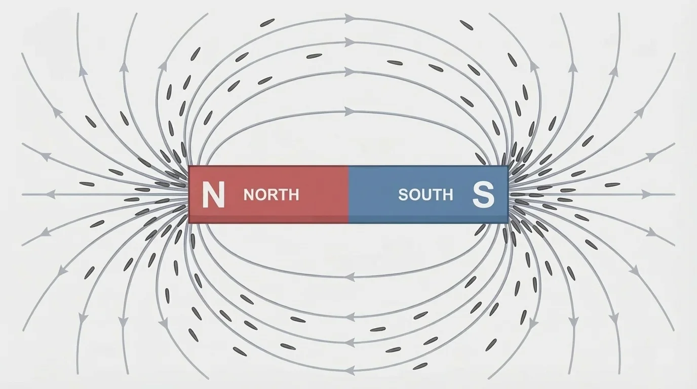 bar magnet labeled north and south with curved field lines outside the magnet and iron filings pattern around it