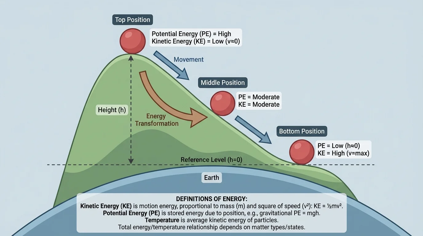 A ball at the top, middle, and bottom of a hill with Earth shown below and height labels