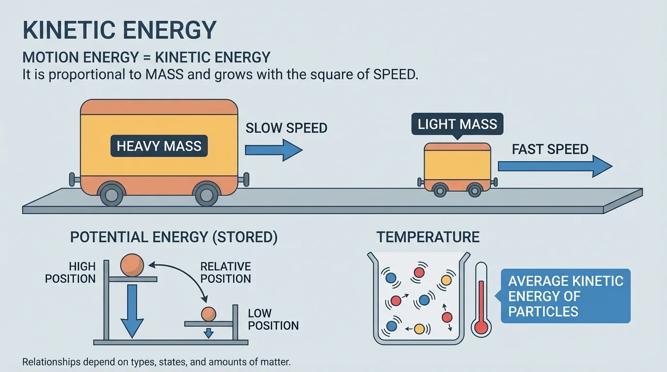 Two carts moving on a track, one heavier and one faster, with arrows showing motion and labels for mass and speed