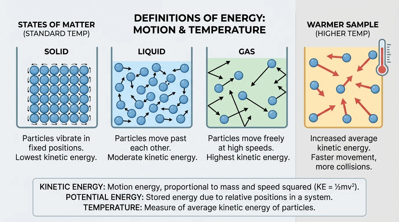 Side-by-side particle diagrams for solid, liquid, and gas with short motion arrows, plus a warmer sample showing longer arrows