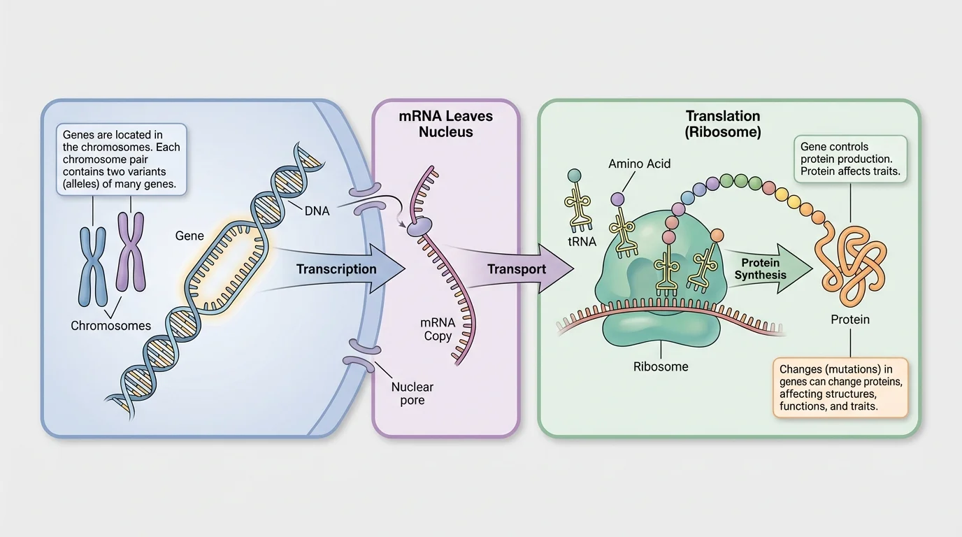 Flowchart-style diagram showing DNA in the nucleus, an mRNA copy being made, the mRNA leaving the nucleus, and a ribosome in the cytoplasm building a protein chain from amino acids.