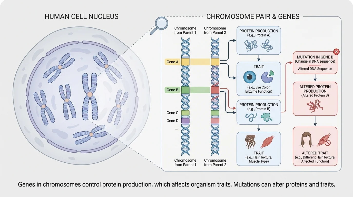 Labeled diagram of a human cell nucleus showing several chromosome pairs; one chromosome pair is enlarged to show multiple genes marked as colored bands along each chromosome, with simple labels like "Gene A", "Gene B" on each copy.