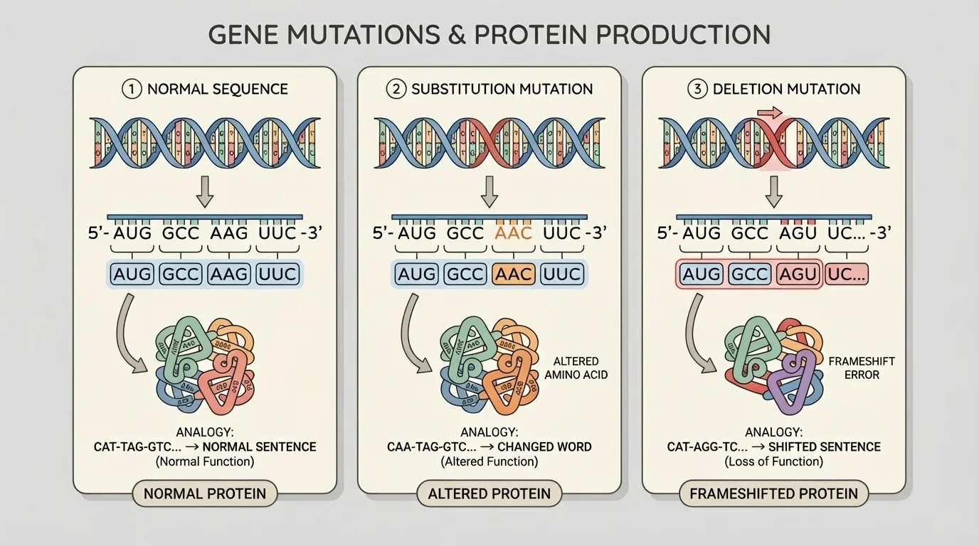 Side-by-side comparison of three short DNA sequences with color-coded bases or letters: (1) normal sequence grouped into three-base codons, (2) sequence with a single base substitution changing one codon, (3) sequence with one base deleted, showing the shifted grouping of all following codons. Under each, simple three-letter word analogies like CAT-TAG-GTC vs CAA-TAG-GTC etc.