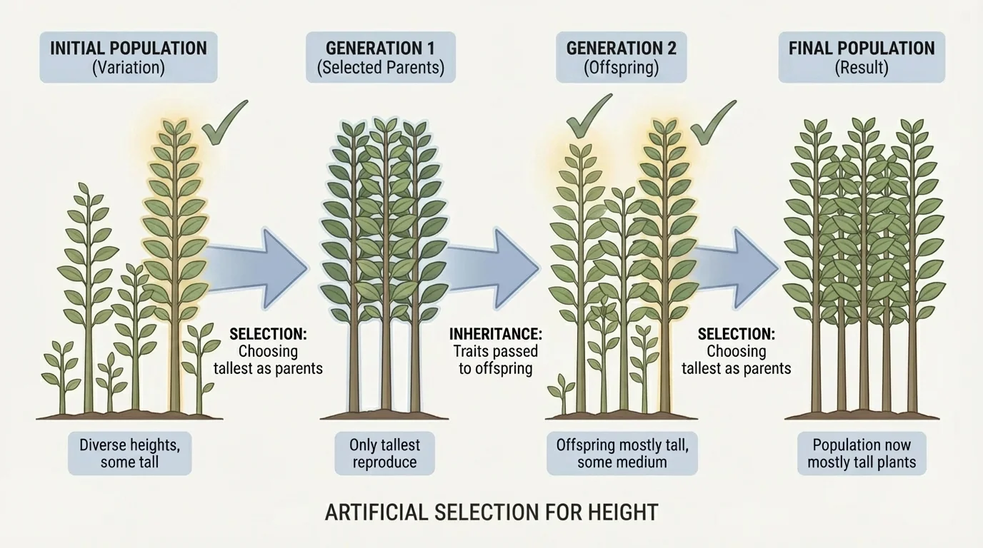 Flowchart showing humans selecting the tallest plants as parents over several generations, leading to a population of mostly tall plants