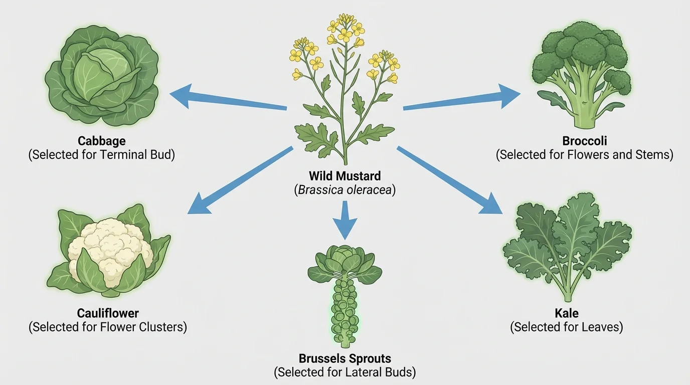 Diagram of wild mustard in the center with arrows to cabbage, broccoli, cauliflower, kale, and Brussels sprouts, each highlighting the selected plant part