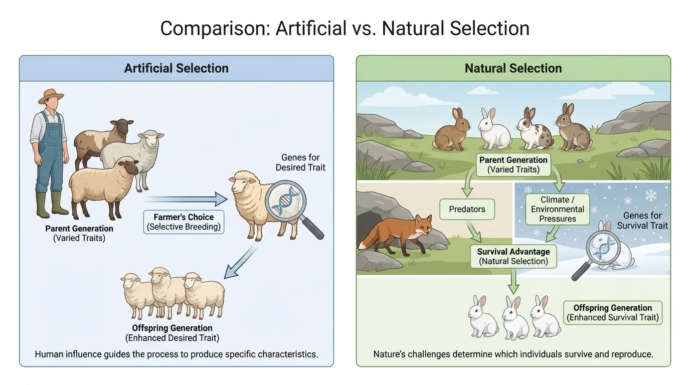 Comparison chart showing artificial selection with a farmer choosing sheep and natural selection with predators and climate affecting wild rabbits