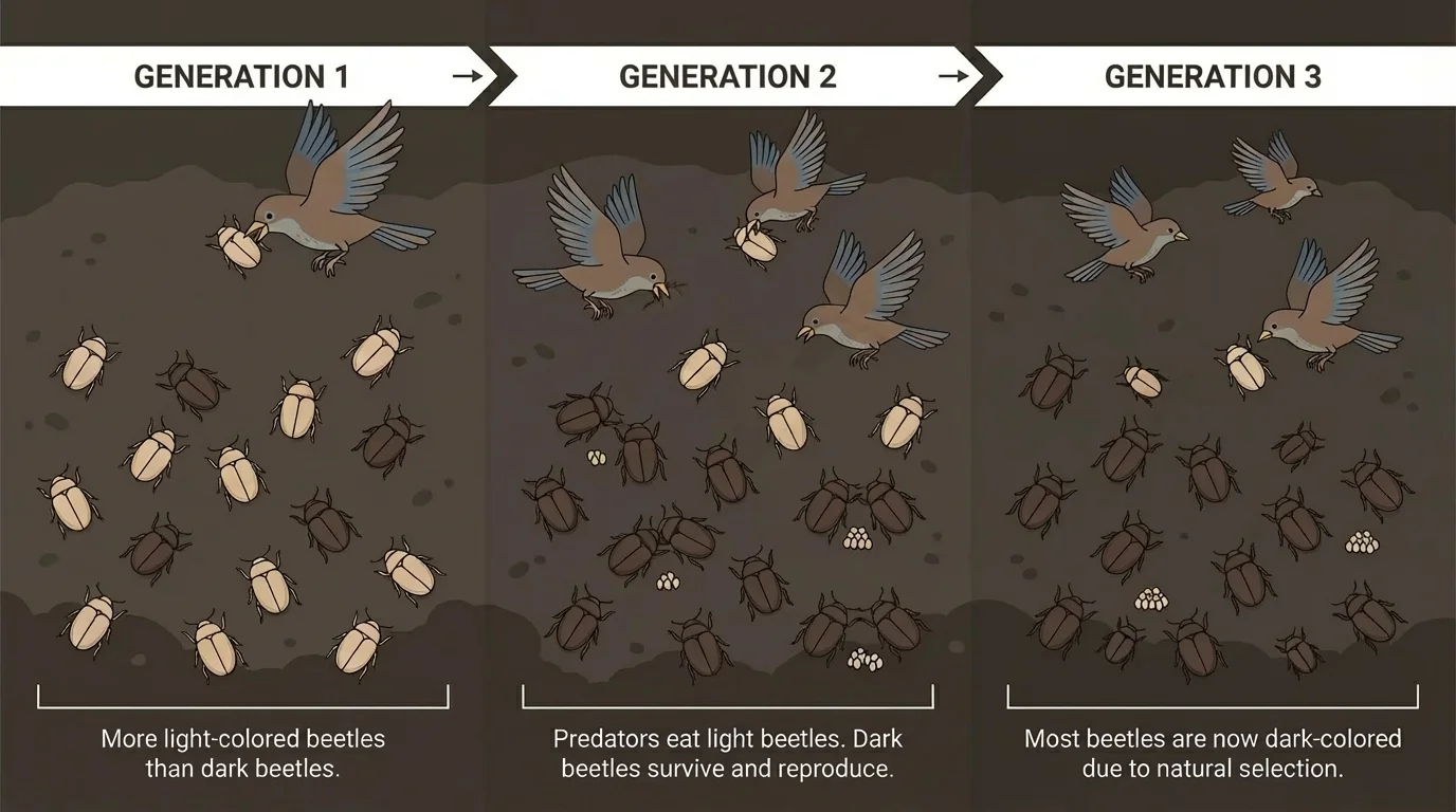 Population of beetles on dark soil across three generations, with birds eating more visible light beetles and dark beetles becoming more common