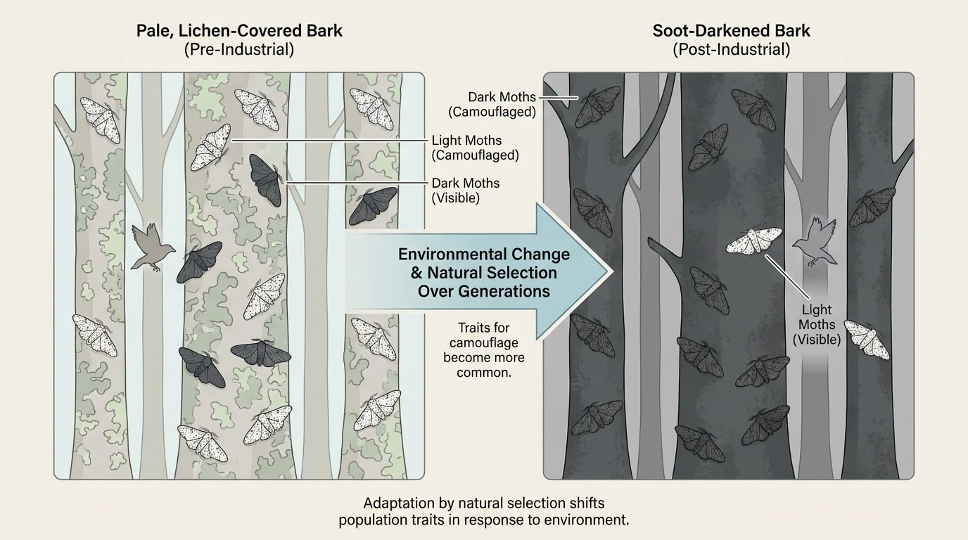 Light and dark peppered moths resting on pale lichen-covered bark and on soot-darkened bark, showing camouflage differences