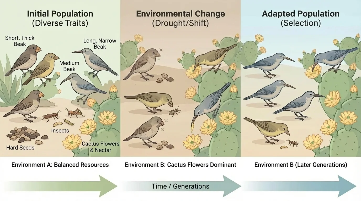 Several finches with short thick, medium, and long narrow beaks next to seeds, insects, and cactus flowers