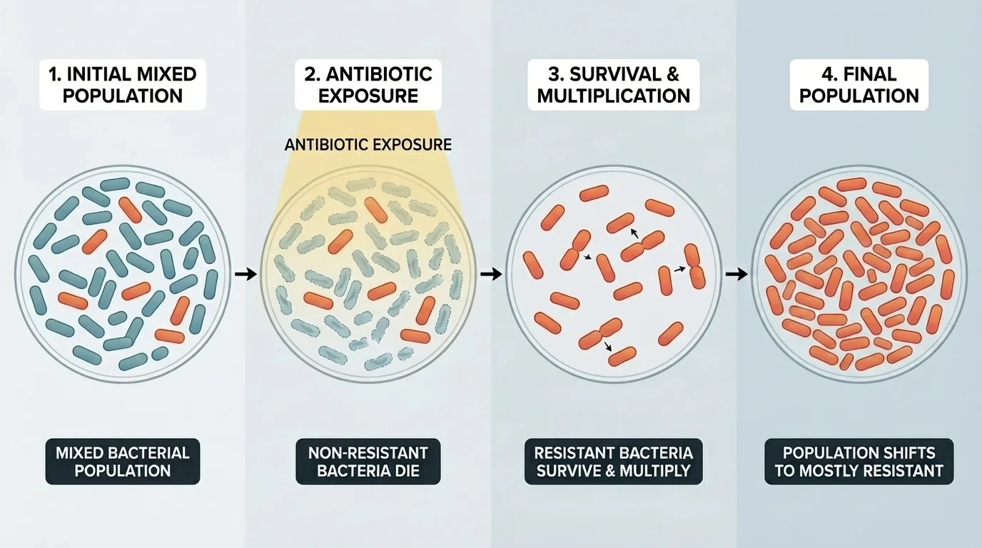 Sequence showing a mixed bacterial population, antibiotic exposure, death of non-resistant bacteria, and surviving resistant bacteria multiplying