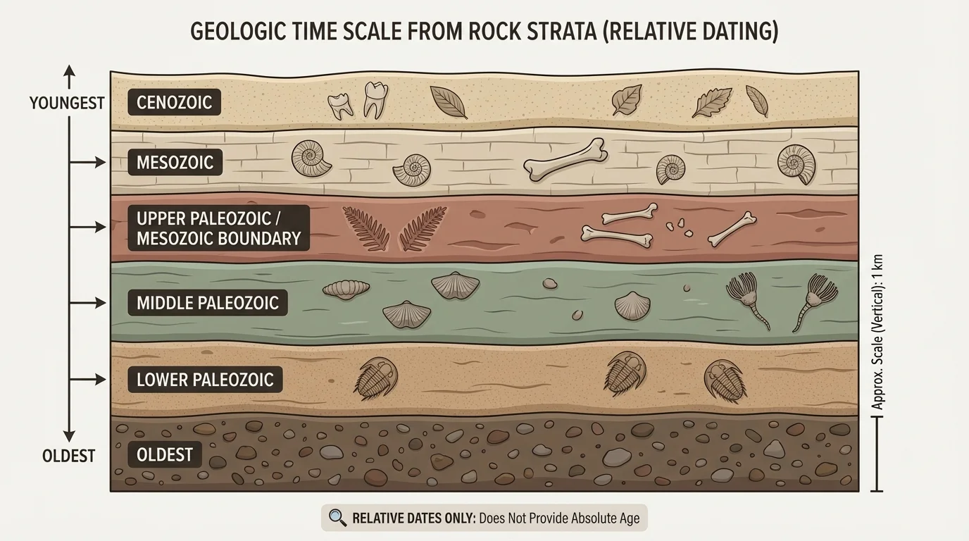 Cross-section of sedimentary rock strata with several horizontal layers labeled oldest at bottom and youngest at top