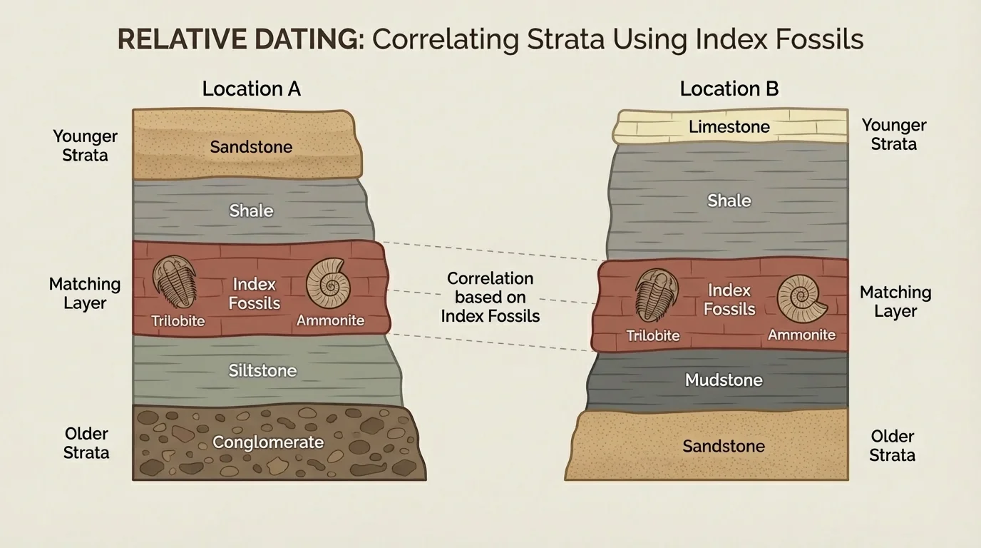 Two separated rock columns with matching index fossils in one layer, showing how geologists correlate strata across distance