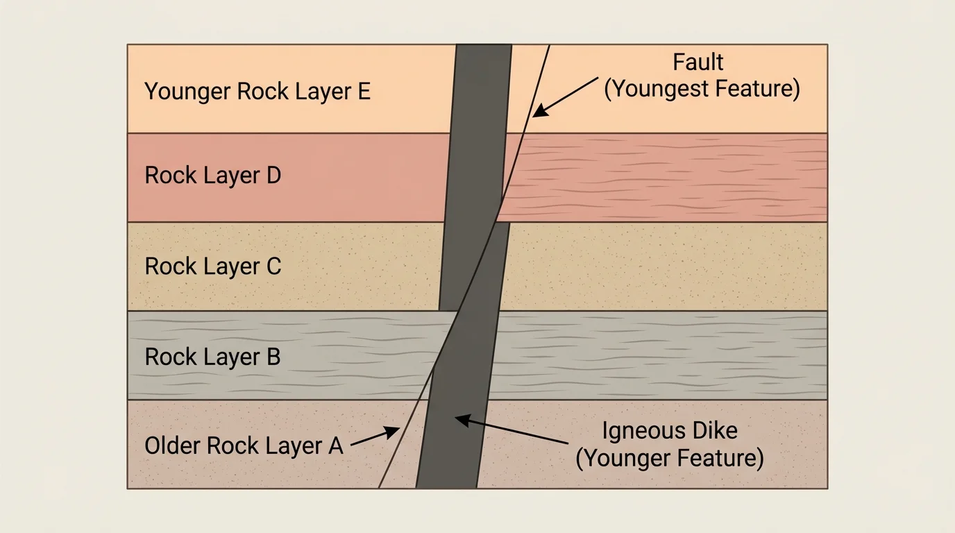 Rock layers cut by a dark igneous dike and a fault, showing that the cutting features are younger than the layers