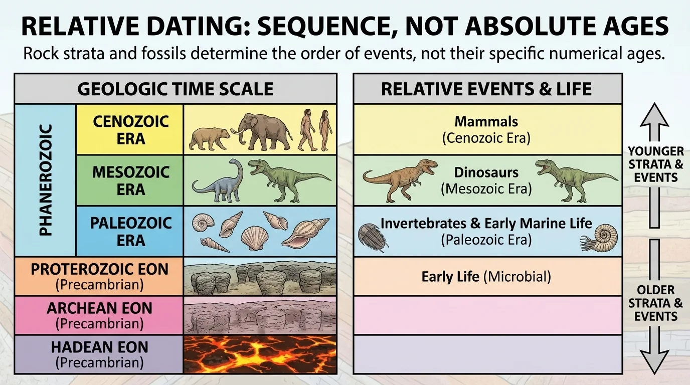 Simplified geologic time scale showing eons, eras, and selected major events such as early life, dinosaurs, and mammals