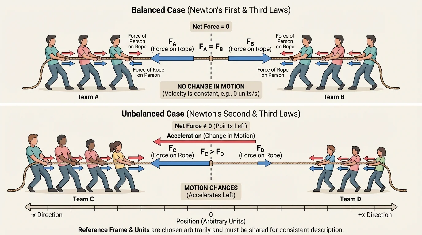 Tug-of-war with one balanced case showing equal opposite arrows and one unbalanced case showing a larger arrow in one direction