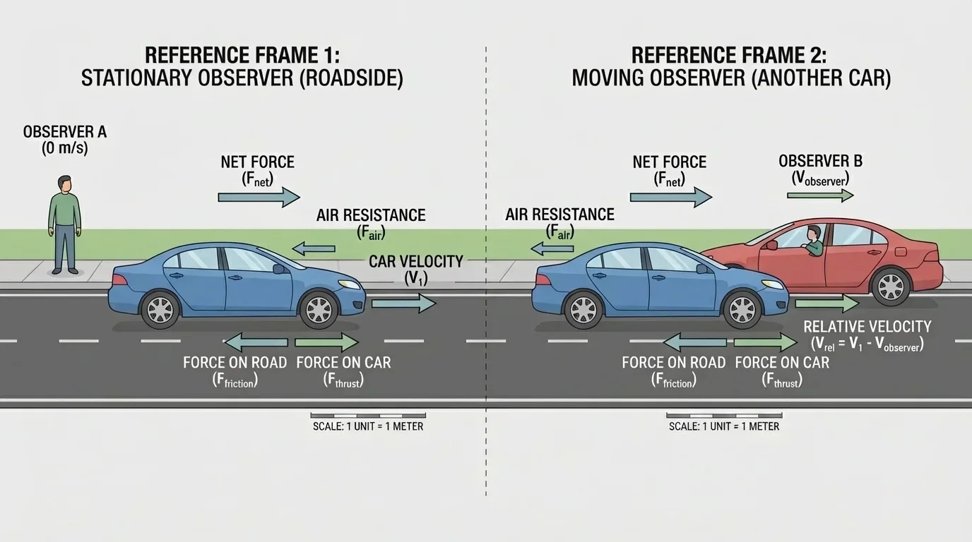 A moving car viewed from the roadside and from another car traveling beside it, with arrows and simple labels for the two reference frames