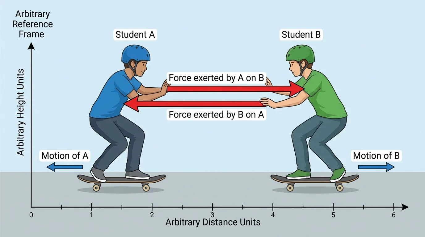 Two students on skateboards pushing apart, arrows showing equal-strength opposite-direction forces acting on each student