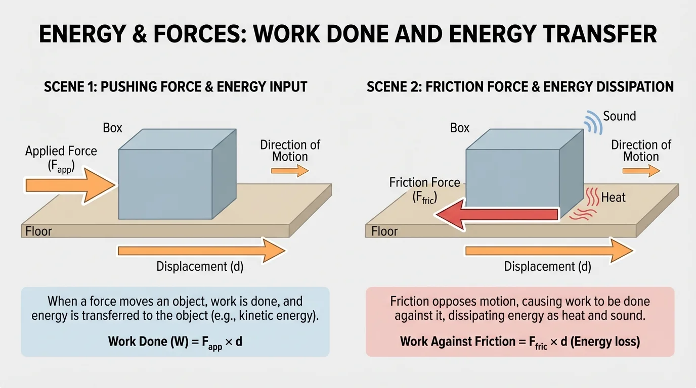 two simple scenes of a box being pushed forward and friction acting backward, with arrows showing displacement and force directions