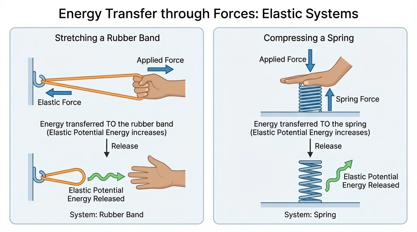 hand stretching a rubber band and compressing a spring, with arrows showing force and later release