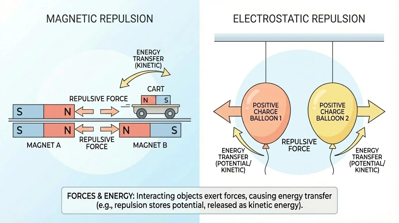 two magnets repelling a cart and two charged balloons pushing apart, arrows showing forces across space