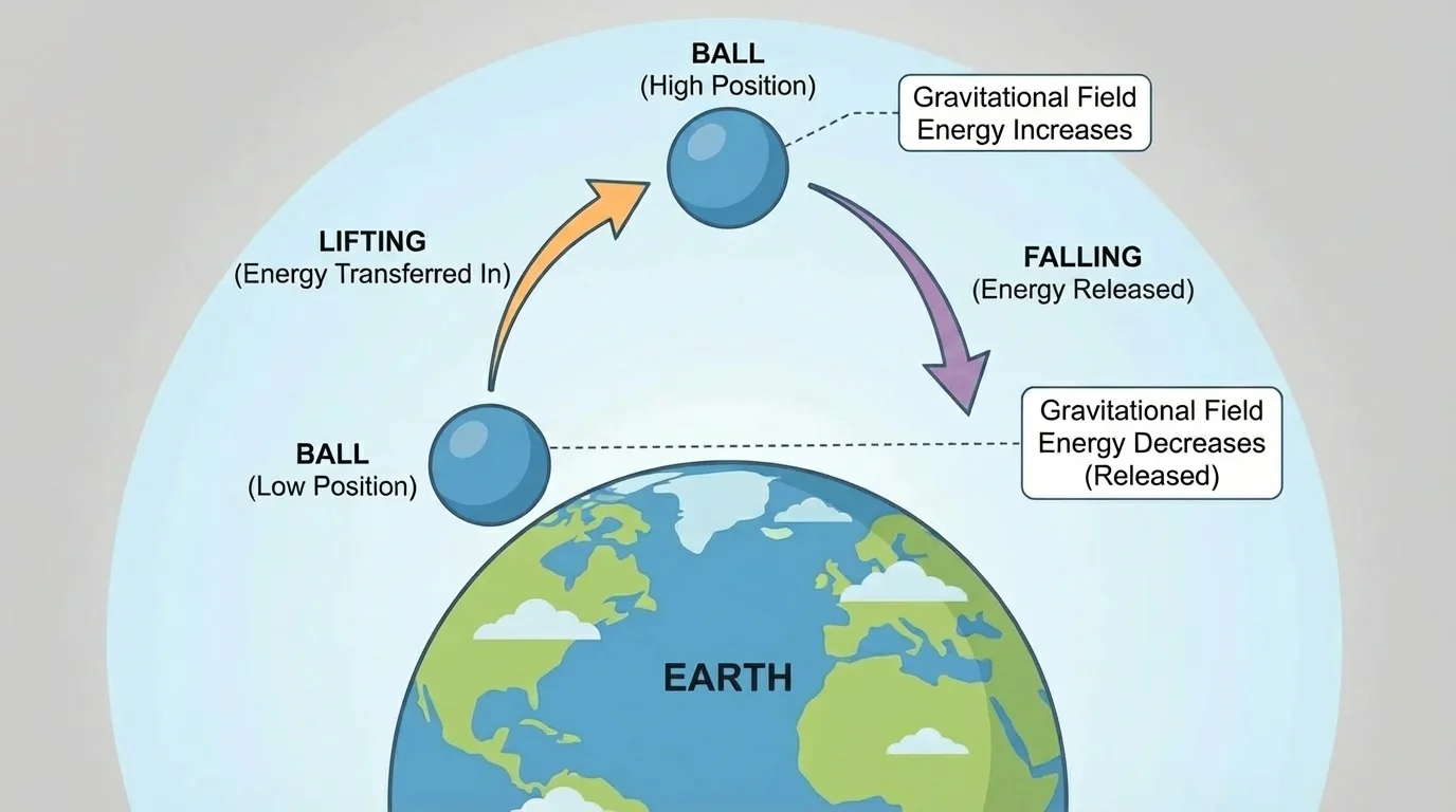 Earth and a ball at low and high positions with arrows for lifting and falling, labels for gravitational field energy increasing and decreasing