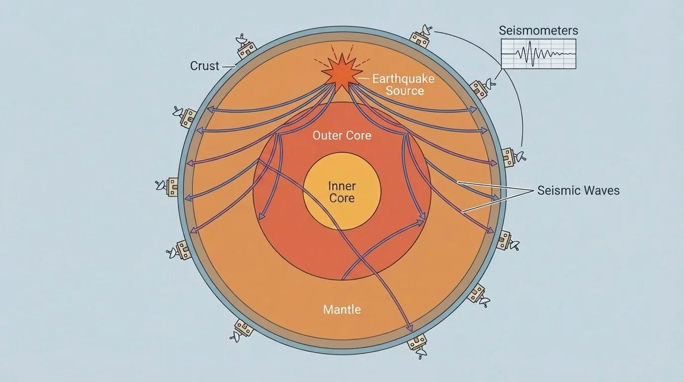 Cross-section of Earth showing crust, mantle, outer core, inner core, an earthquake source, curved seismic wave paths, and seismometers on the surface