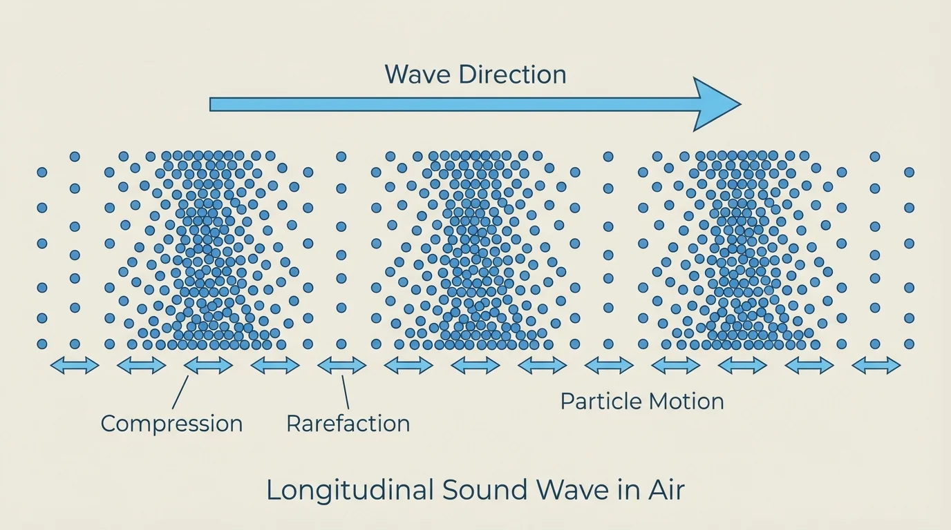 Longitudinal sound wave in air showing compressions and rarefactions, dots for air particles, arrow for wave direction, and small back-and-forth particle motion arrows