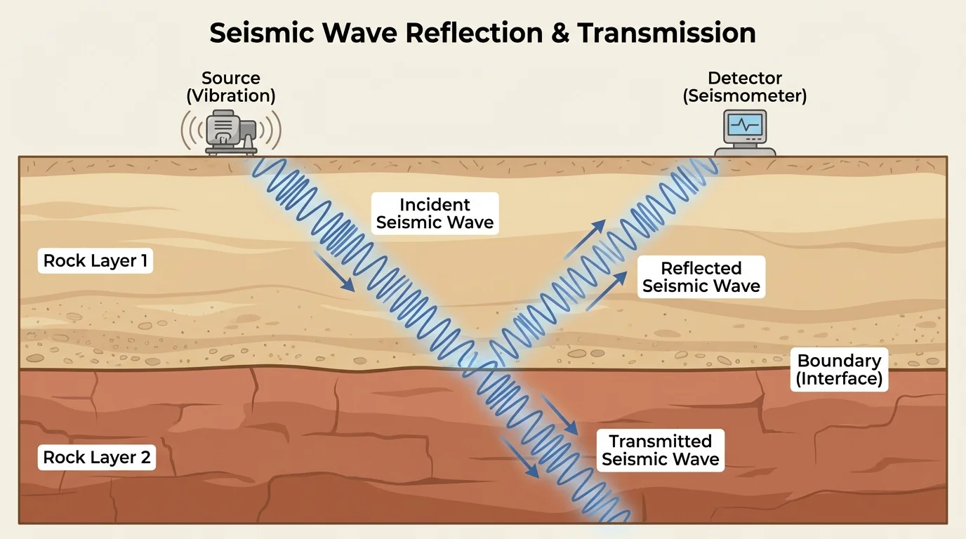 Seismic wave traveling downward from a surface source, reflecting off a boundary between two underground rock layers, with the reflected wave returning to a surface detector
