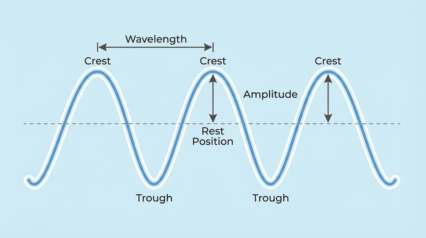 Labeled simple transverse wave with crest, trough, rest position, wavelength measured from crest to crest, and amplitude measured from rest position to crest