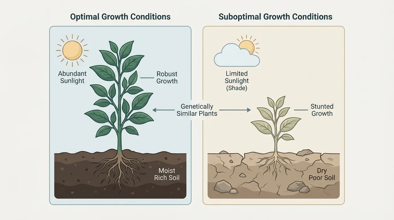 Two genetically similar young plants of the same species, one growing tall in sunlight with moist rich soil and one smaller in shade with dry poor soil