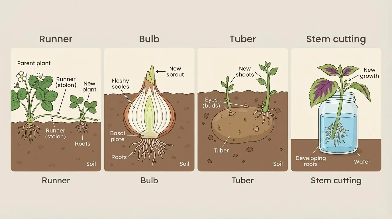 Four panels labeled runner, bulb, tuber, and stem cutting, each showing how a new plant grows from the parent structure