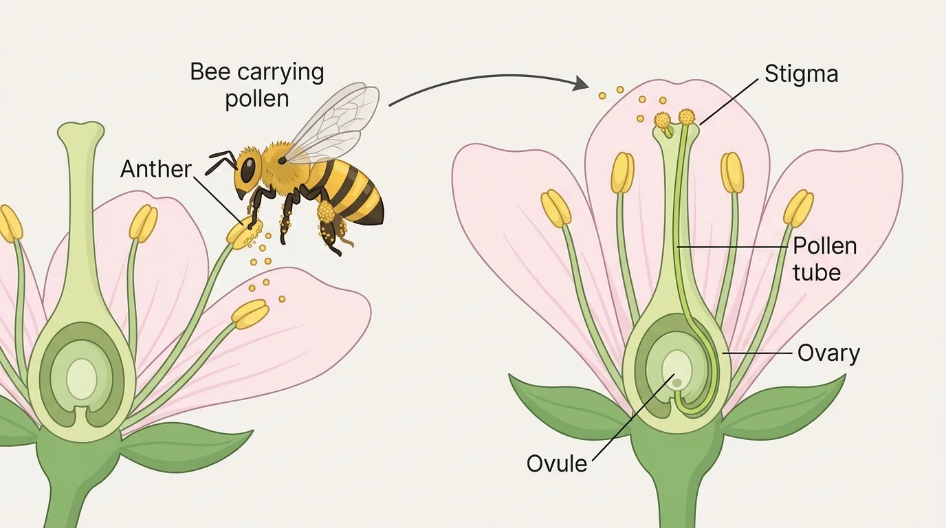 Labeled flower with anther, stigma, ovary, bee carrying pollen from one flower to another, and pollen tube growing to ovule