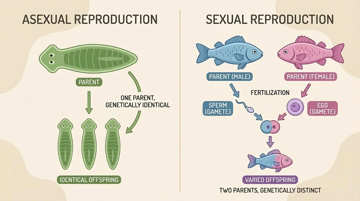Side-by-side comparison of asexual reproduction with one parent producing identical offspring and sexual reproduction with two parents producing varied offspring