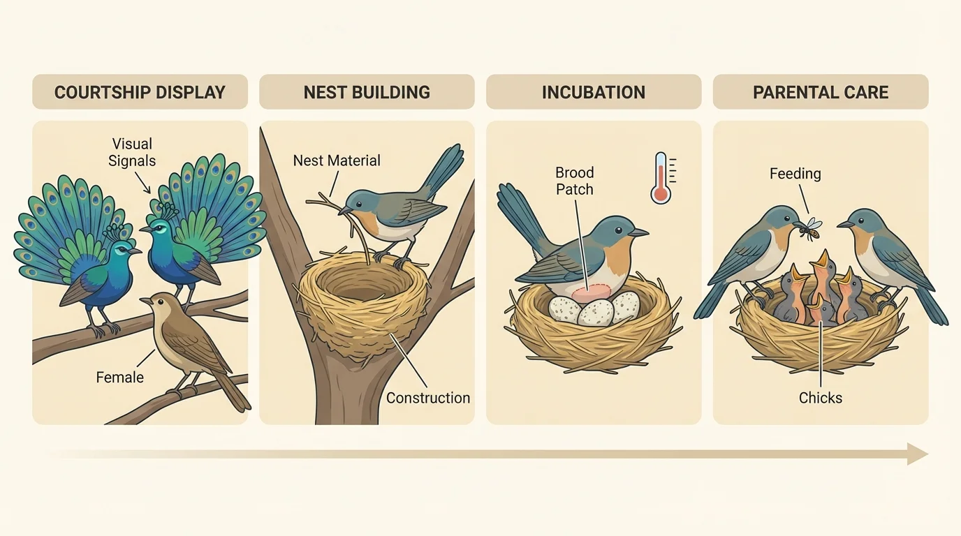 Bird courtship display, nest building, and parent birds feeding chicks in a nest