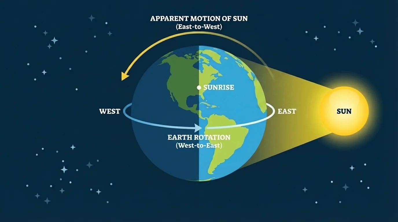 Earth rotating west-to-east with sunlight on one half, arrows showing rotation and the Sun appearing to move east-to-west across the sky, with sunrise in east and sunset in west