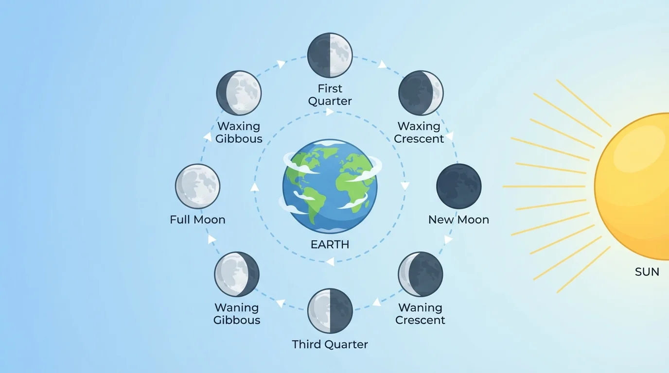 Sun, Earth, and Moon positions showing the major Moon phases around Earth, with sunlight coming from one direction and each phase labeled simply