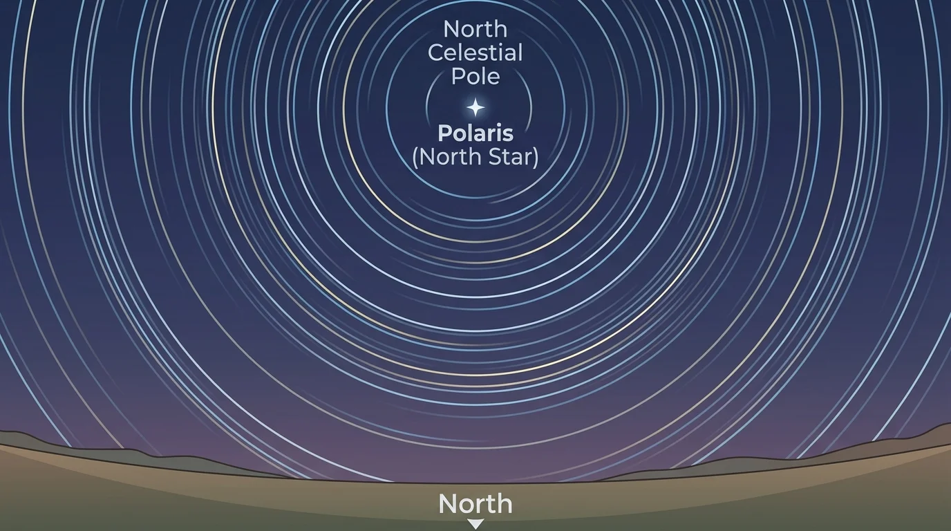 Northern Hemisphere night sky with Polaris near the north celestial pole and circular star trails around it above a simple horizon line labeled north