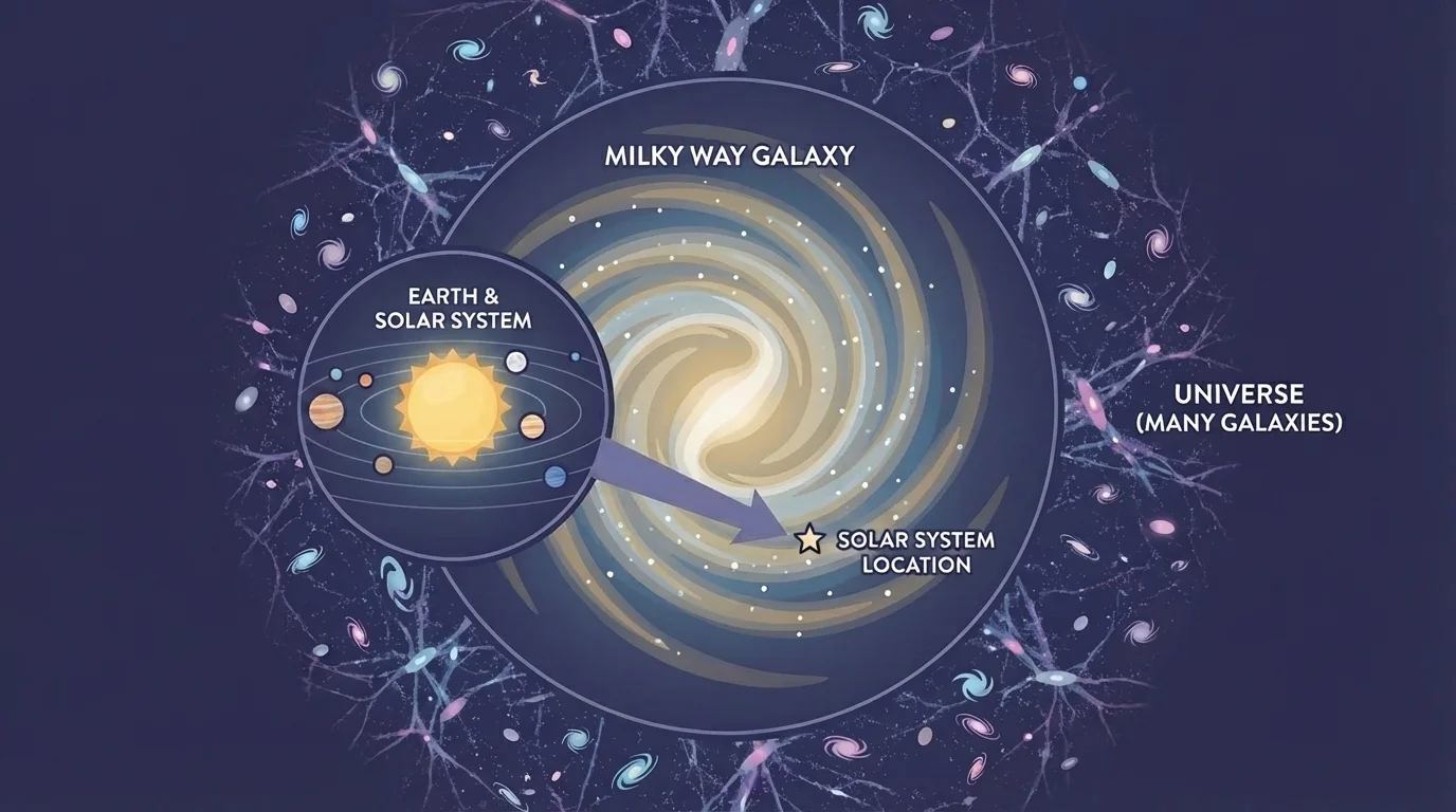 Nested cosmic scale showing Earth, the solar system around the Sun, the spiral Milky Way galaxy with the solar system in one arm, and many galaxies beyond in the universe