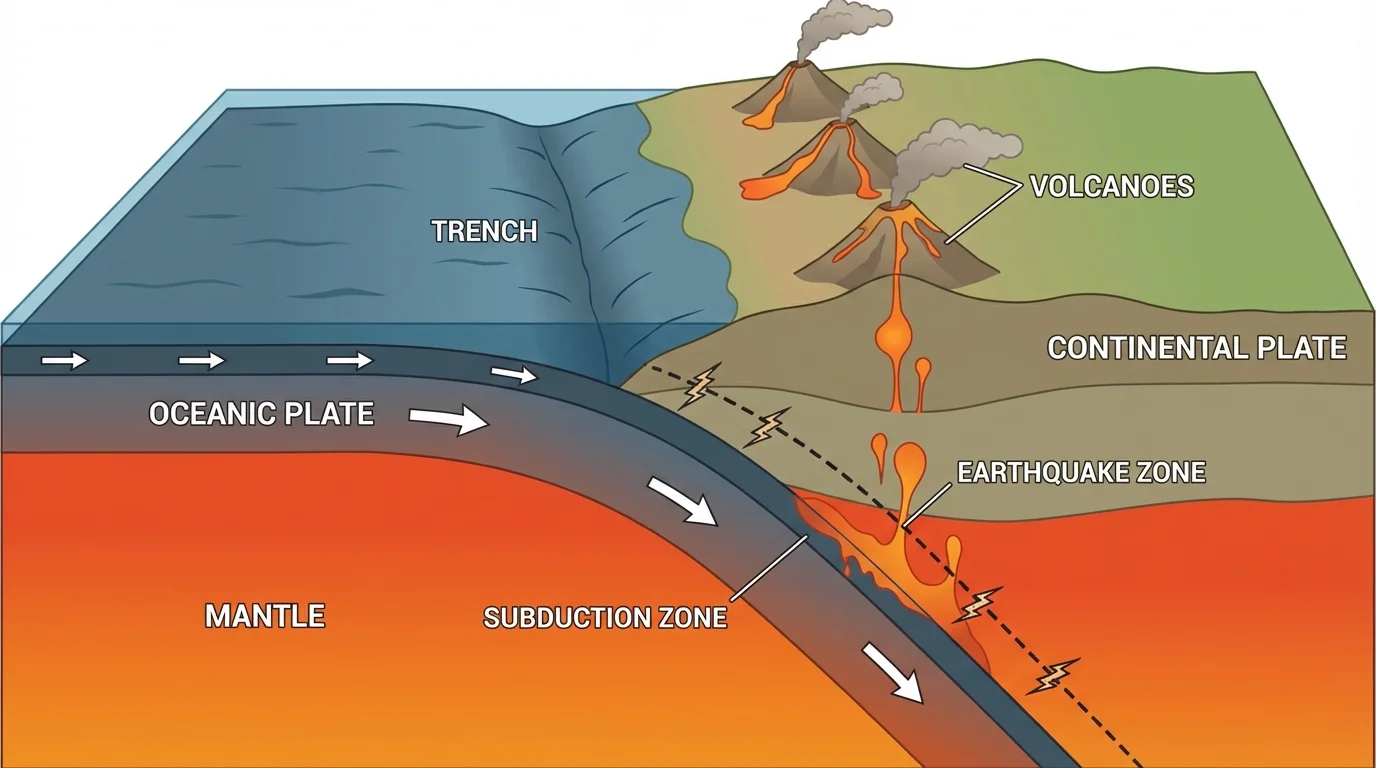Convergent boundary with dense oceanic plate diving beneath another plate at a trench, melting below, volcanoes on overriding plate, earthquake zone