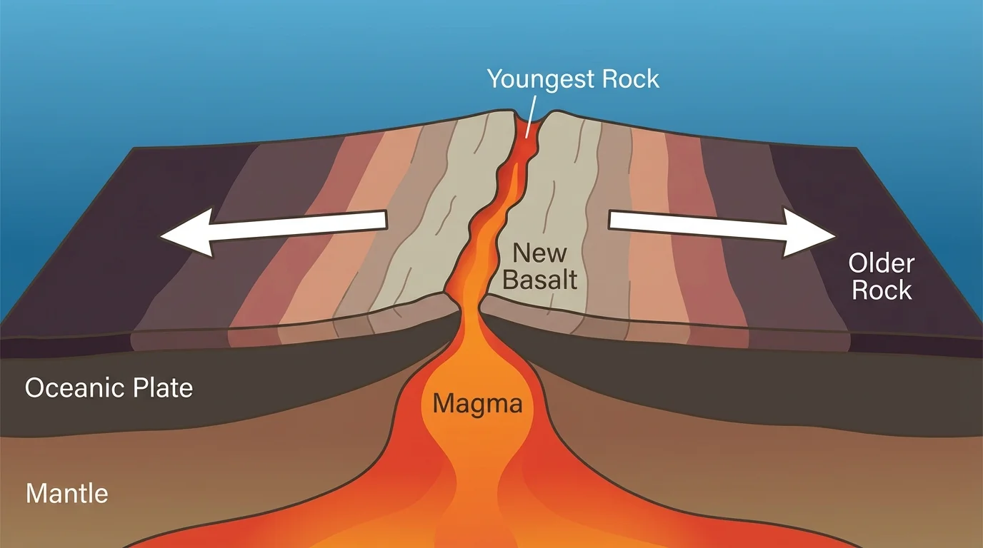 Oceanic divergent boundary with magma rising at a ridge, new basalt forming, arrows showing plates moving apart, youngest rock at ridge