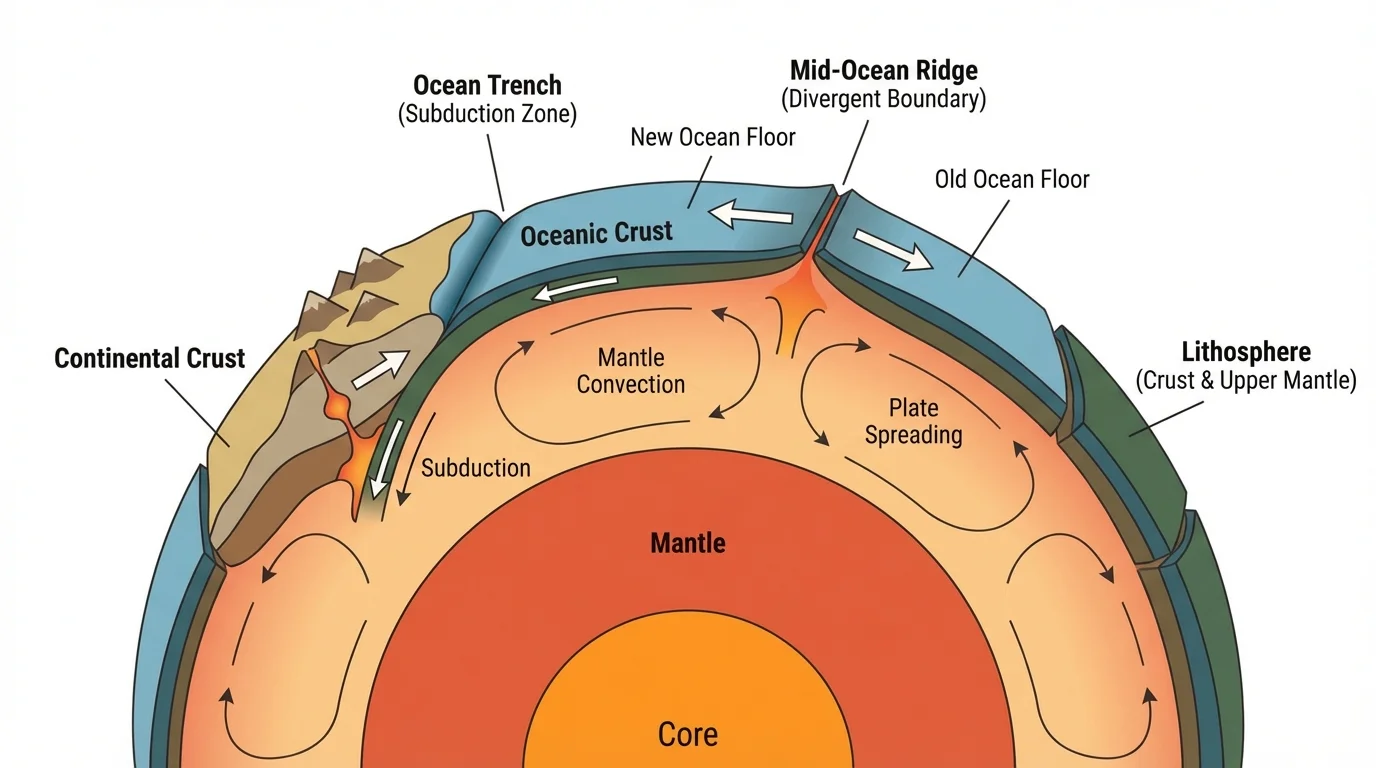 Cross-section of Earth showing crust and upper mantle forming lithosphere, plates resting on asthenosphere, arrows indicating plate motion