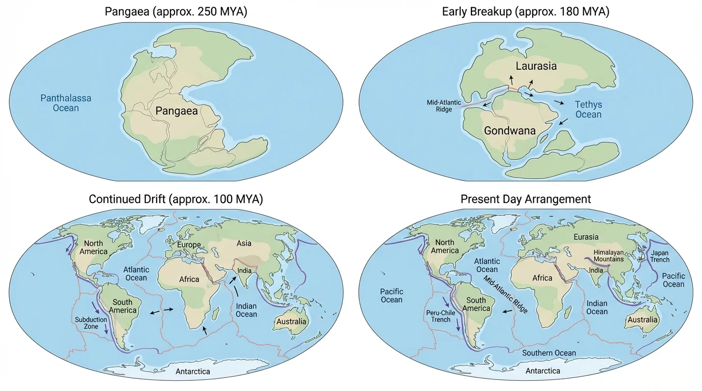 Map sequence showing Pangaea assembled, then continents spreading apart into present arrangement with surrounding oceans