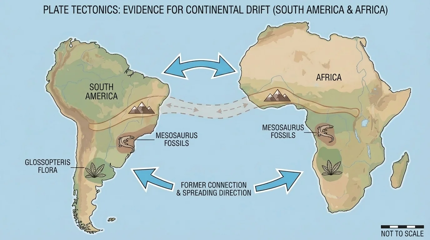 Simplified world map showing South America and Africa with matching fossil locations and rock belts, arrows suggesting former connection