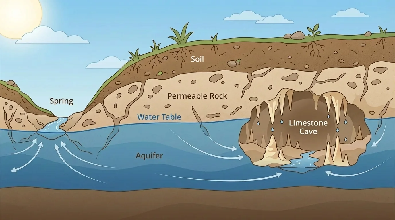 Cross-section of ground with soil, permeable rock, water table, aquifer, spring, and a limestone cave forming by dissolved rock