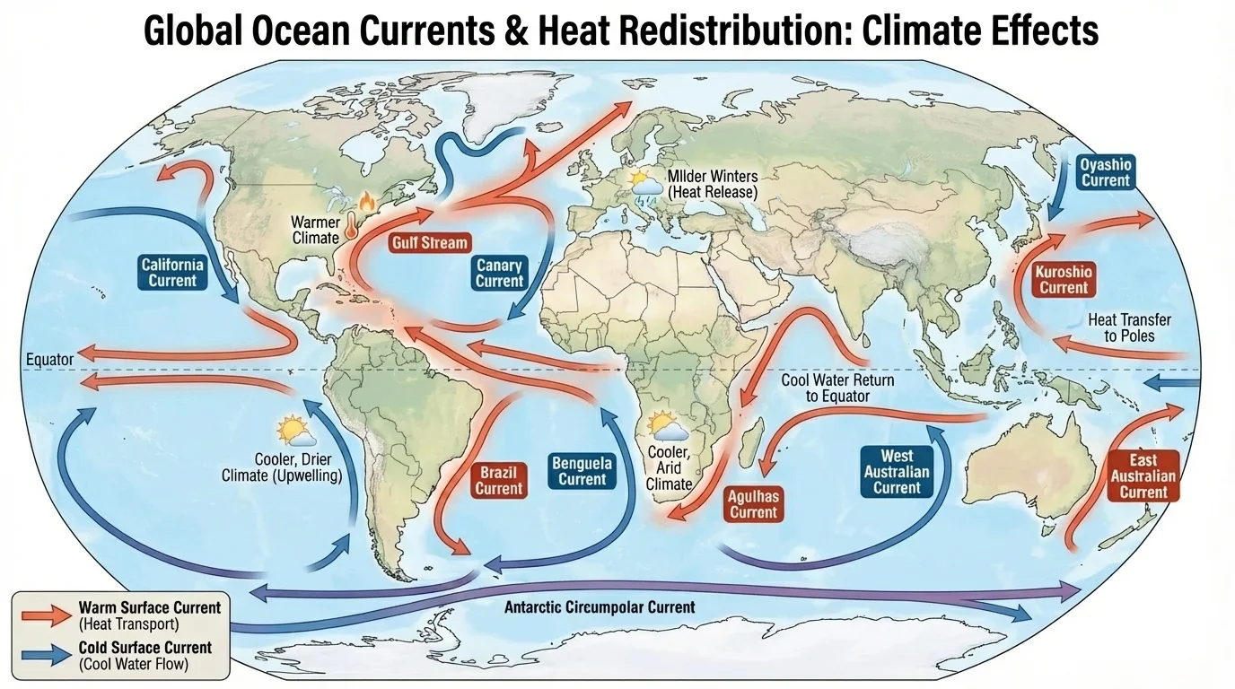 World map with warm and cold surface currents marked, highlighting heat redistribution and coastal climate effects
